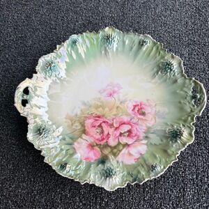 Antique‎ RS Prussia Pink Poppy Porcelain Cake Plate Luster Scalloped Handle 11in